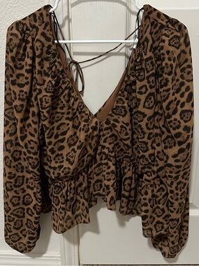 H&M Brown Leopard Print V-Neck Peplum Tie-Back Blouse